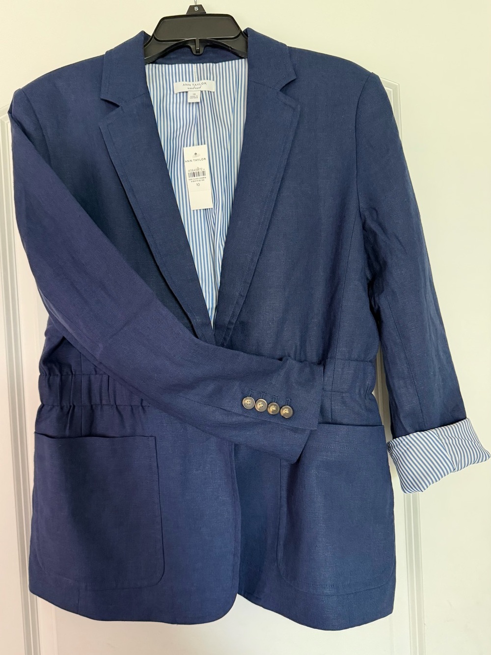 Ann Taylor Navy Blue Weekend Blazer with Striped Lining